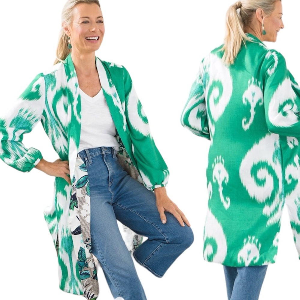 Chico’s Reversible Floral Printed Longline Kimono Ikat Duster Cardigan - Picture 1 of 15